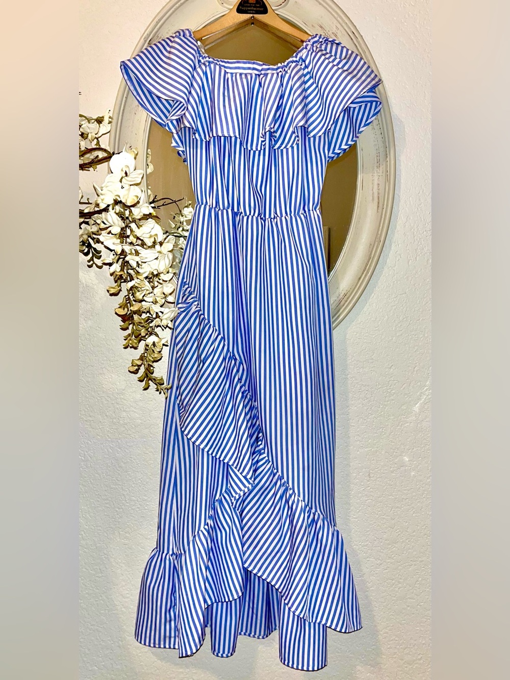 Lorena Rose Off Shoulder Striped Sundress M Asymmetrical Waterfall Ruffle Hem